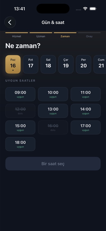 Randevu uygulaması: gün ve saat seçimi, dolu saatler kapalı