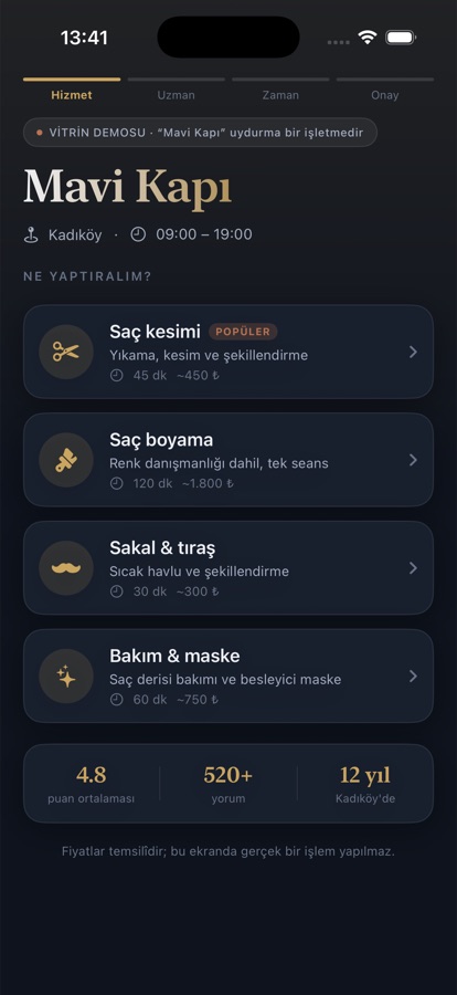 Booking app: service list screen