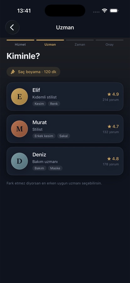Booking app: specialist selection with ratings and expertise tags